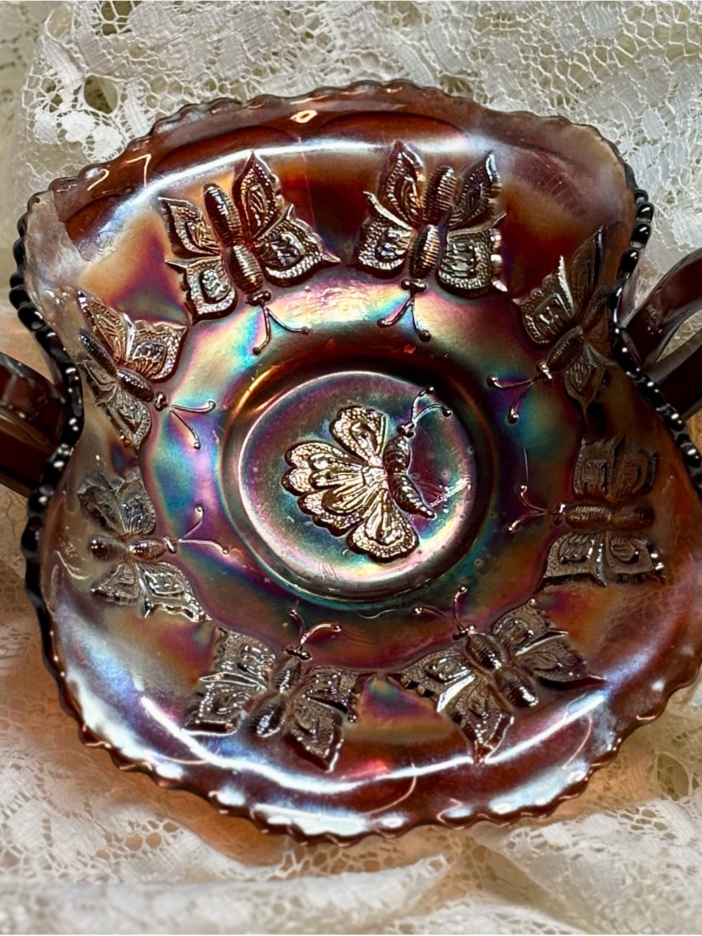 Iridescent Butterfly Carnival Glass Decorative Bowl - Brown